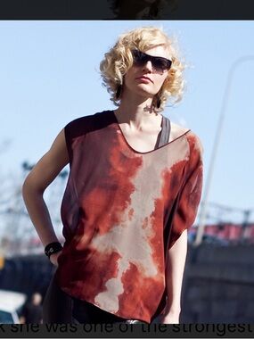 Helmet Lang Y2K Silk Watercolor Sheer Top Oversized 2000s Small Red Avant Garde